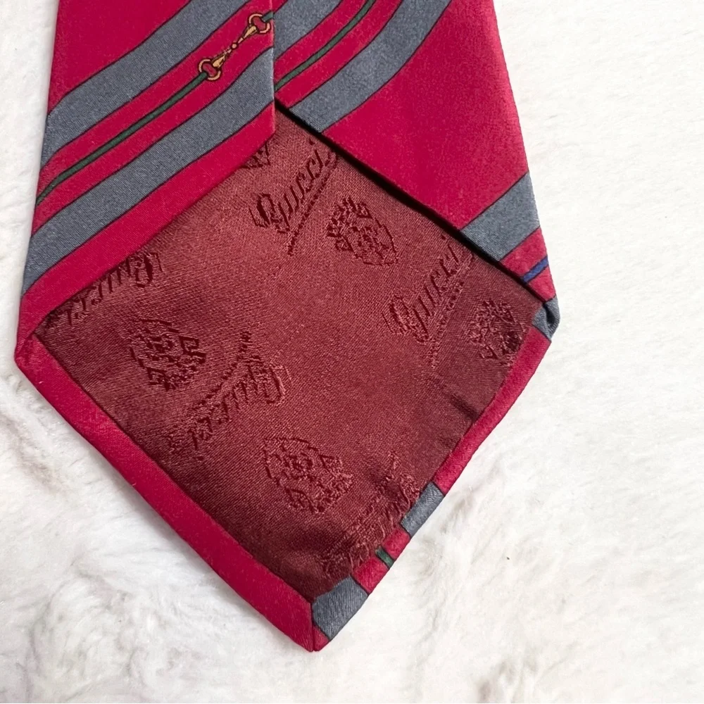 Vintage Gucci Silk Monogram Horsebit Tie Red Gray Vertical Striped Navy Gold